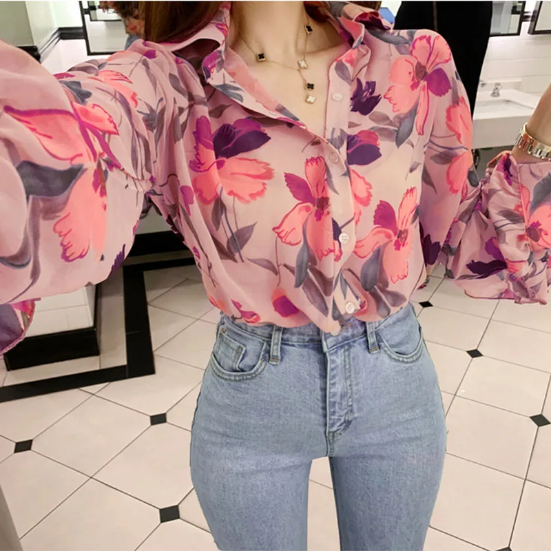 Блузка женская шифоновая с V-образным вырезом и цветочным принтом винтажная