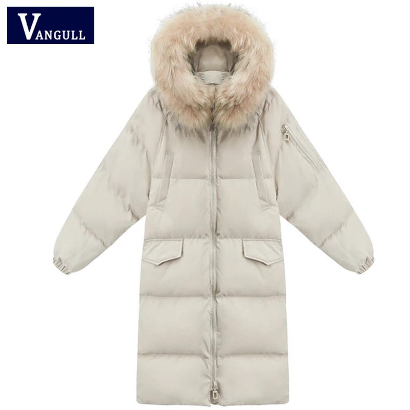 Vangull, женские парки с капюшоном, зимние, теплые, одноцветные, длинные, свободные, пальто, осень, длинный рукав, на молнии, толстая, женская верхняя одежда, меховой воротник