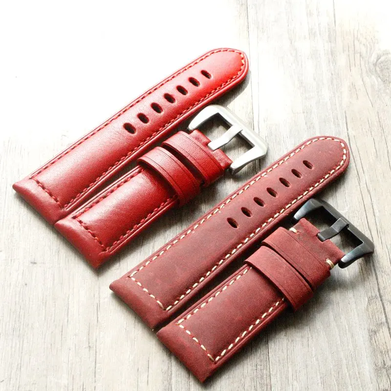 24mm Watchbands Retro Red Genuine Leather Watch band Strap watch accessories bracelet stainless steel buckle for Panerai | Наручные часы