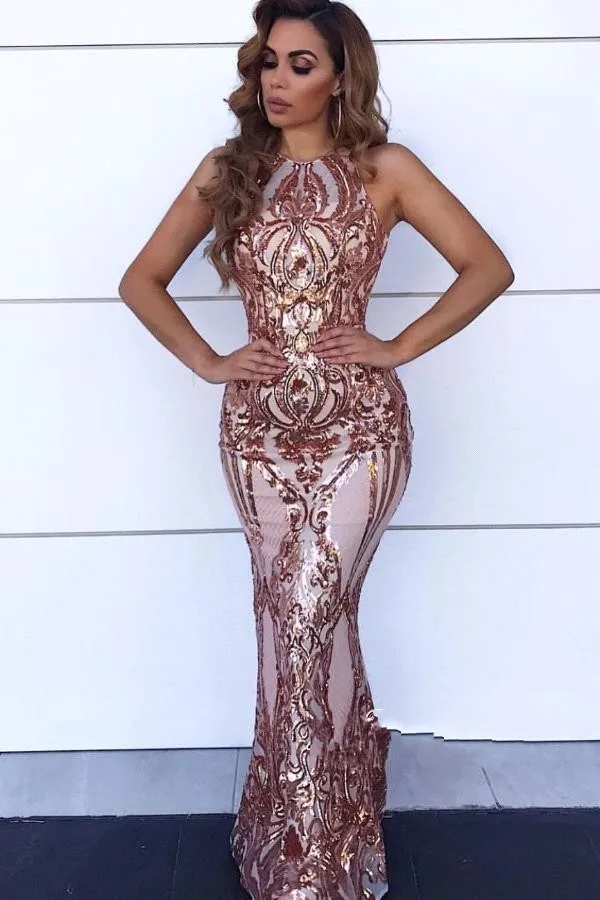 Vestidos de gala великолепные розовое золото с пайетками платья для выпускного вечера Длинные пикантные Холтер крест-накрест в стиле Русалочки без спины Формальные Платья для вечеринок