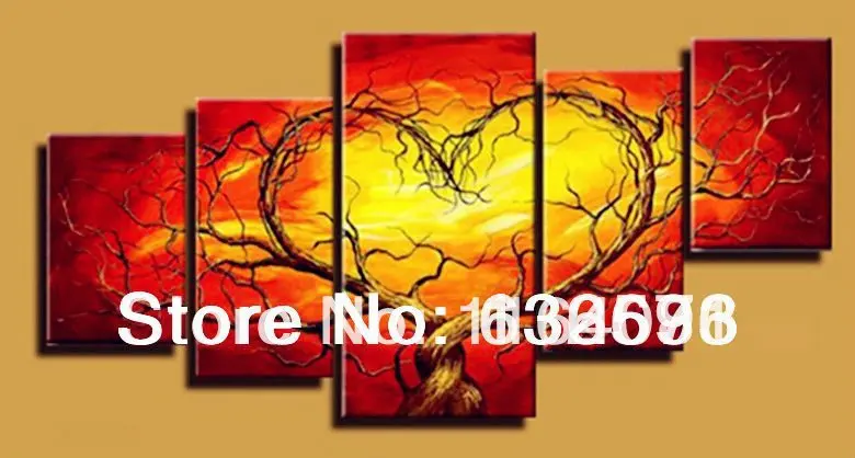 Красный Желтый Пара Влюбленных Сердце Дерево Искусство Холст Картины Маслом