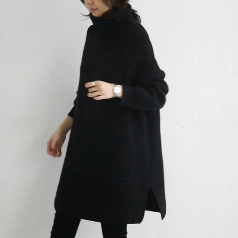 Водолазка свободный 2018 Новый Осень Зима черный длинный толстый женский свитер