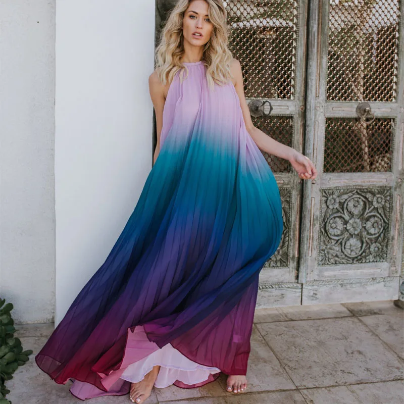 Летнее Длинное Платье Макси ТРАПЕЦИЕВИДНОЕ плиссированное платье с открытой