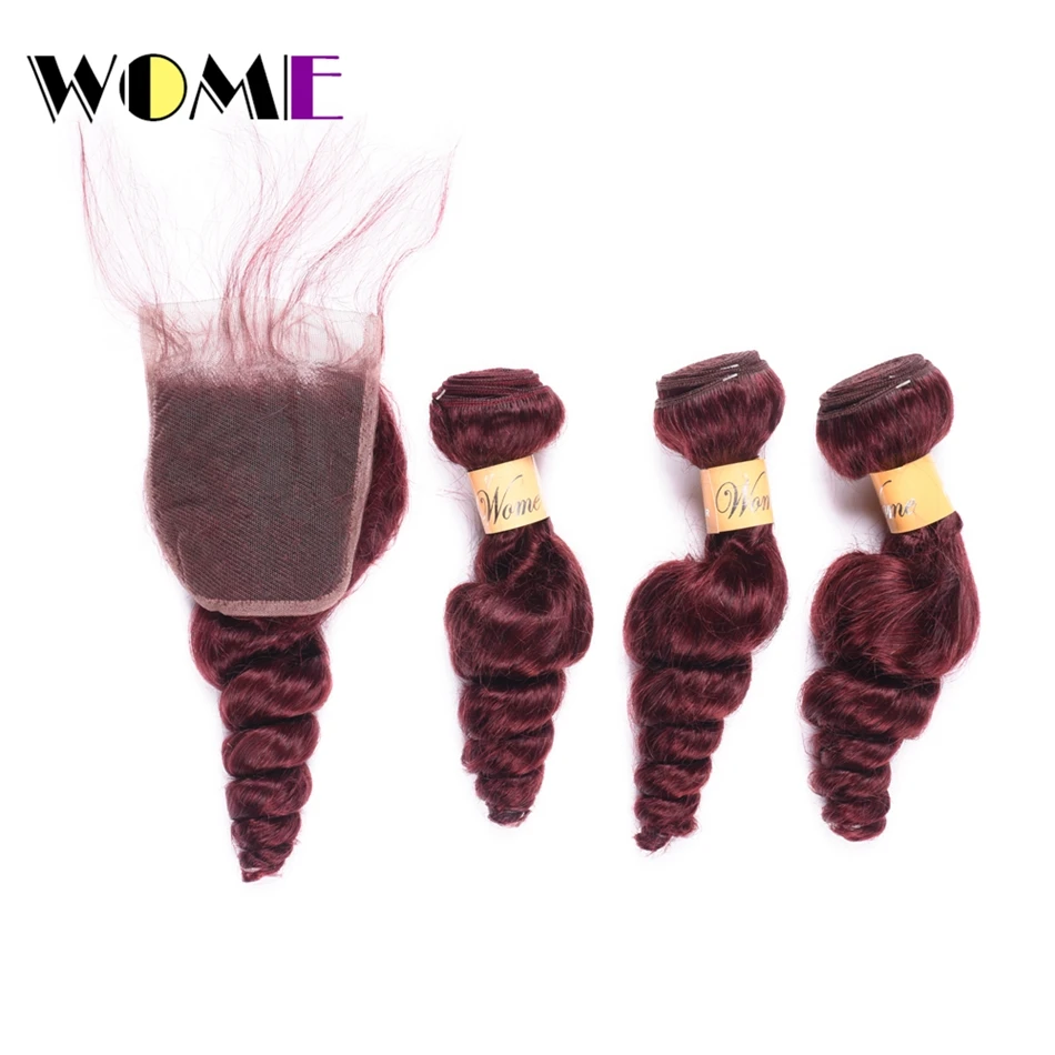 Фото Женские бирманский пучки волос плетение с закрытием 3 Связки 99J красное вино Цвет
