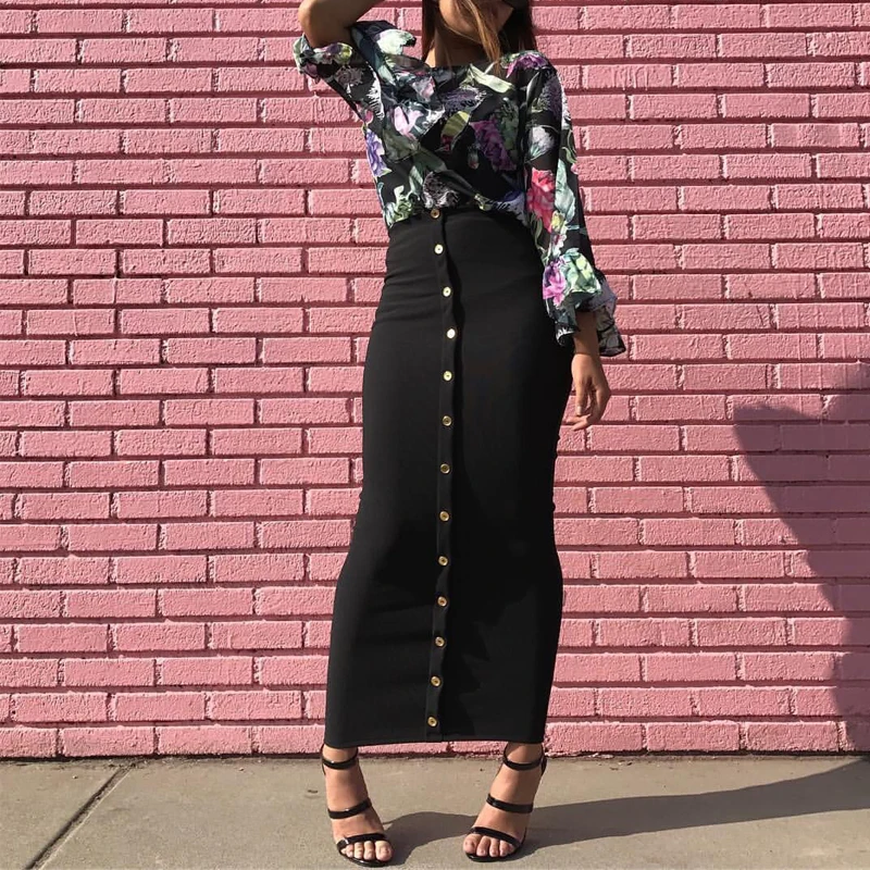 Женская длинная юбка-макси с высокой талией на пуговицах в турецком и