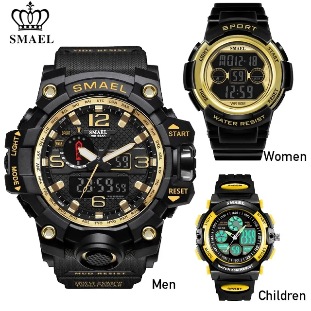 Gold Gold Yellow SMAEL, Семейный комплект, спортивные часы, мужские, модные, роскошные, семейная посылка, часы, Повседневный, водонепроницаемый, светодиодный, цифровой, кварцевые, мужские, женские, наручные часы - Цвет: Gold Gold Yellow