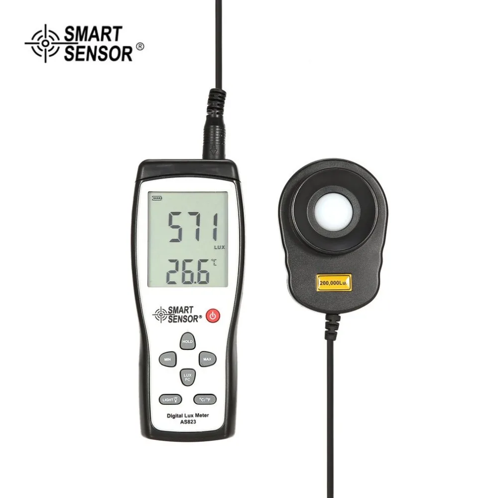 Цифровой Ручной Светильник SMARTSENSOR AS823, люксовый измеритель освещенности 200000 Люкс/FC, люминометр, фотометр, светильник, тестер Люксметр