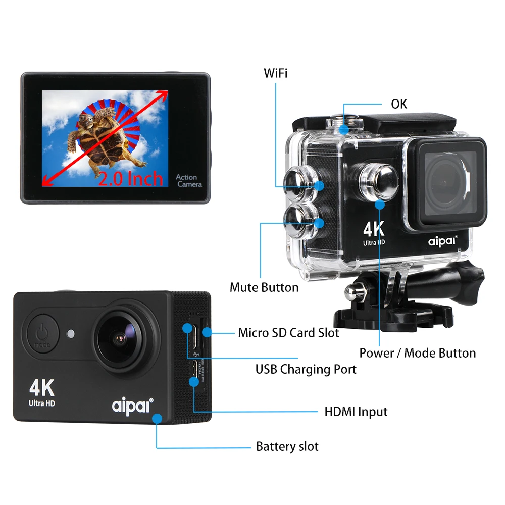 Aipal 4K H9/H9R экшн камера Спорт DV дистанционная Ultra HD 4K/30FPS Wi-Fi 1080P/60FPS 2.0LCD 173D 40