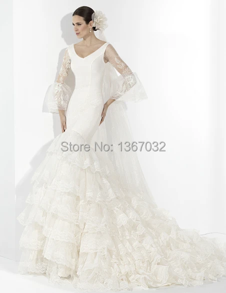 Free shipping -New Arrivals V Neck Lace Sleeve Bridal Dress Court Train Floor Length Open Back Wedding Vestido De Noiva Ne | Свадьбы и