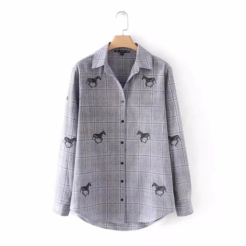 horse embroidery blouse women tops plaid shirt blouses 2018 loose long sleeve top shirts body chemise femme blusa |