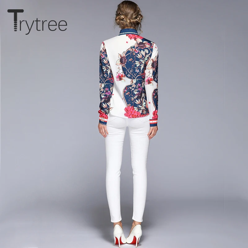 Ttytree осень Асимметричный цветочный принт блузки Повседневная рубашка Женская