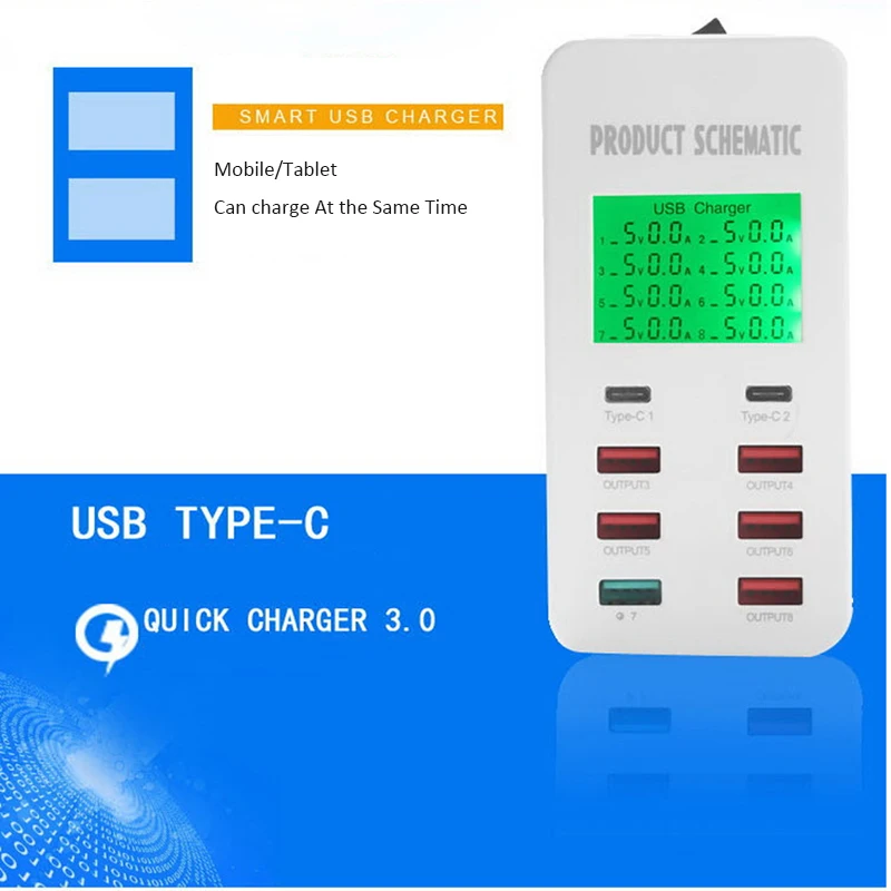 QC 3 0 USB зарядное устройство 8 портов 5 В/7A Тип C быстрое ЖК дисплей для iPhone Xs MAX iPad AMSUNG