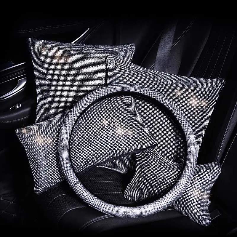 Rhinestones Crystal Car Seat belt cover pad Neck pillow Waist Support Diamond Steering wheel cover Interior Accessories Women Rhinestones Crystal Car Seat belt cover pad Neck pillow Waist Support Diamond Steering wheel cover Interior Accessories Women