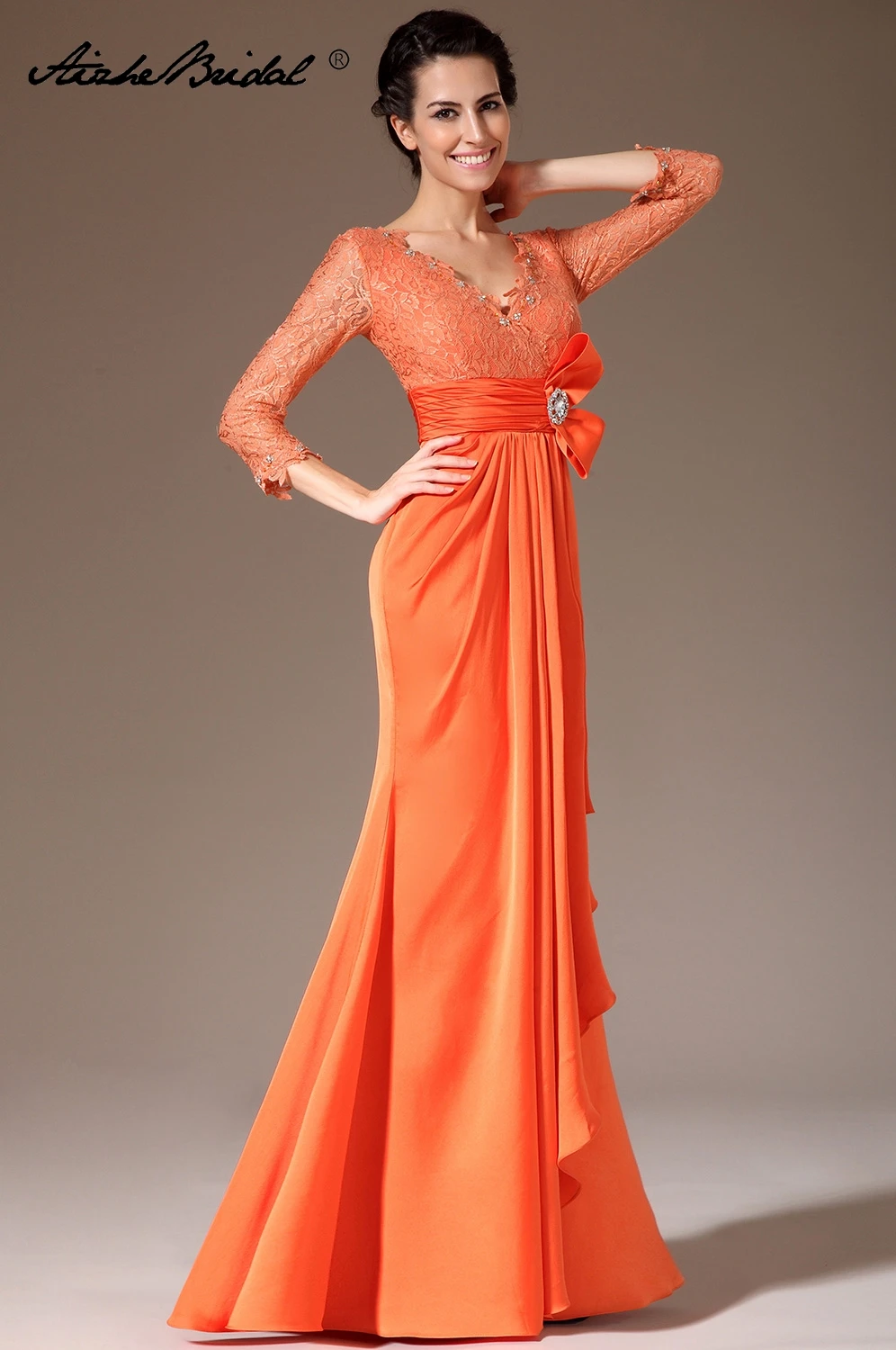 Formal Women's Dresses Mermaid 3/4 Sleeve Orange Chiffon Lace Mother of the Bride Gown Vestidos Madre De La Novia Dress | Свадьбы и