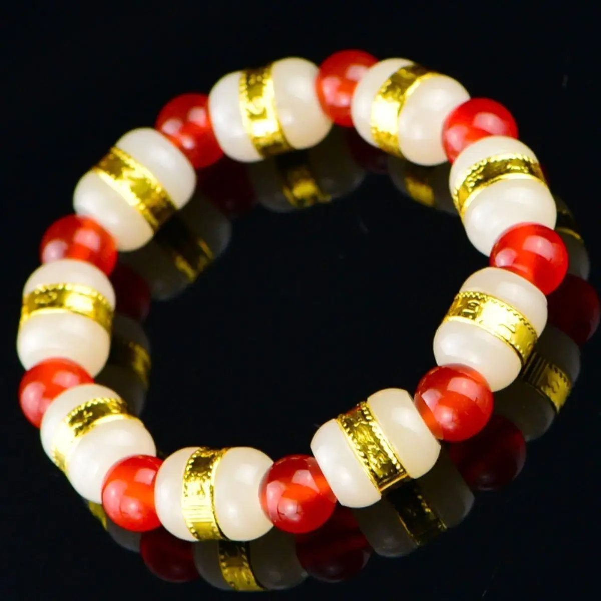 24k Yellow Gold Hetian Jade Bead With Red Agate Beads Link Bracelet 6.3inchL|bead bracelet|bead bracelet goldbead wholesale |