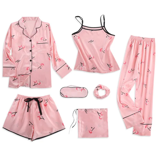 Strap Sleepwear Pyjamas Women's 7 Pieces Pink Pajamas Sets Satin Silk Lingerie Homewear Set Pijamas For Woman | Женская одежда