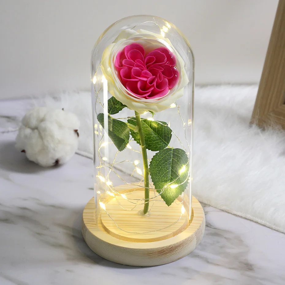 LED Soap Flower Rose Flower In Glass Dome Christmas Gifts Artificial Flower Valentine's Day Wedding Party Home Decor Fake Flower