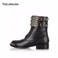 2019 hot special woman punk short boots with many studs new style ladies rivets flat lace up female black boots free shipping