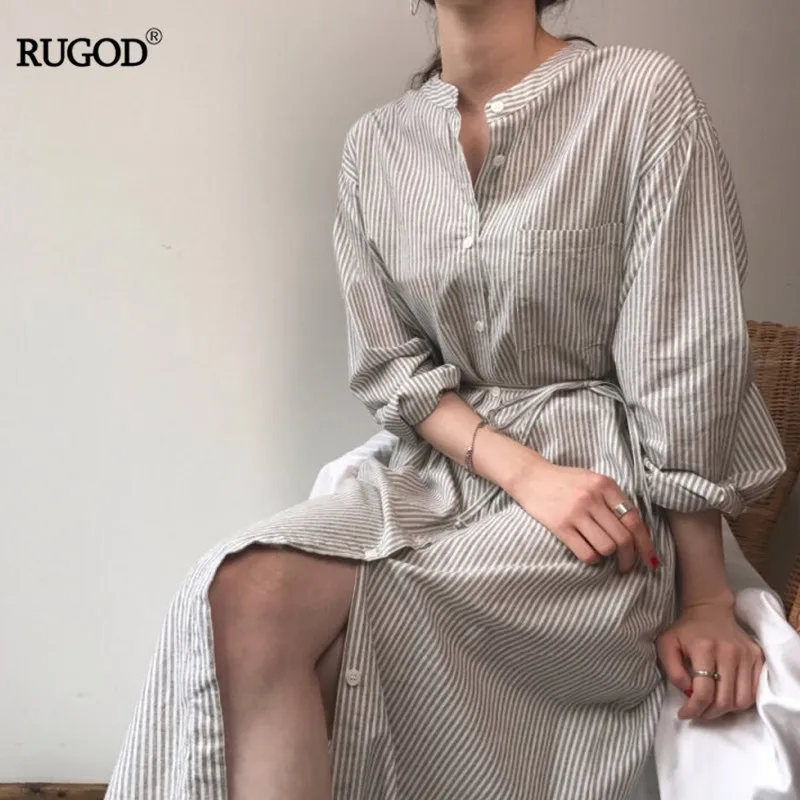 Женское платье рубашка в полоску Rugod повседневное Хлопковое макси с длинным