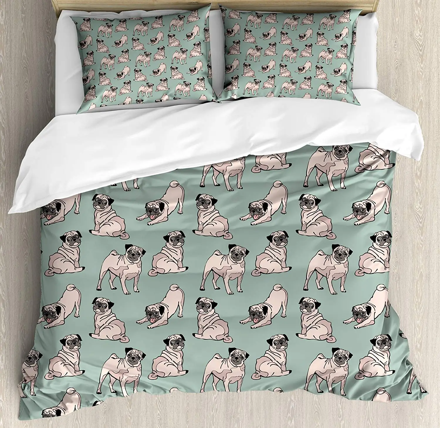 Pug Duvet Cover Set Dogs with Various States Sitting Standing Stretching Cute Cartoon Style Pet Drawing 3pcs Bedding | Дом и сад