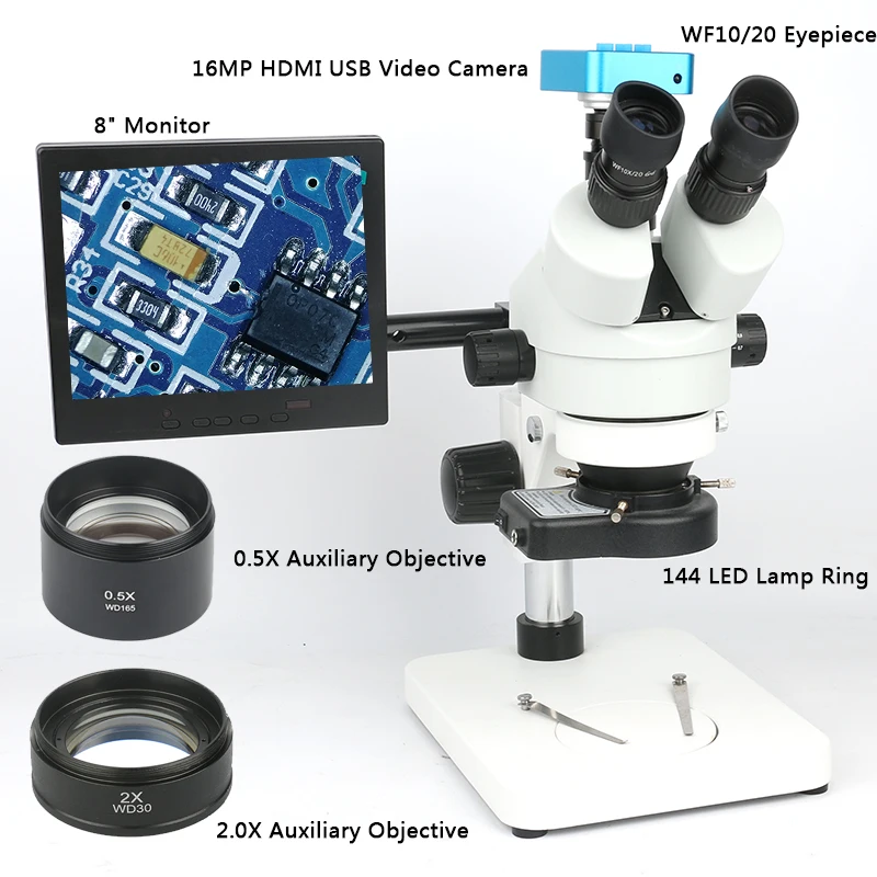 

Simul Focal 3.5~90X Trinocular Stereo Microscope 36MP HDMI Microscope Camera +144 LED Lamp + 8"Monitor 0.5X 2X Barlow Lens