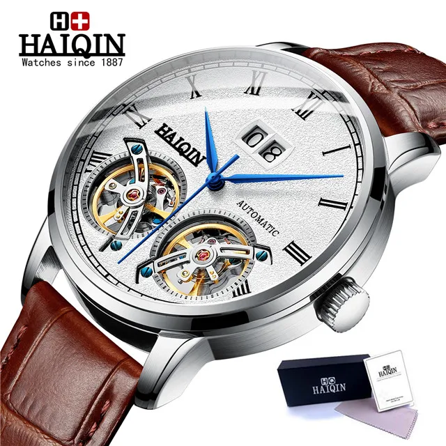 L-silver white HAIQIN мужские s часы Топ люксовый бренд автоматические механические наручные часы Мужские Двойные Tourbillon модные водонепроницаемые часы relogio masculino - Цвет: L-silver white
