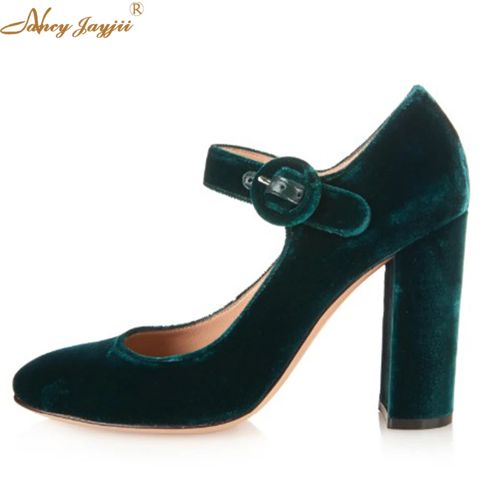 

Nancyjayjii Dark Green Flock Buckle Strap Mary Janes 2022 Spring Retro Round Toe Chunky Heel Office Dress Comfy Female Shoes