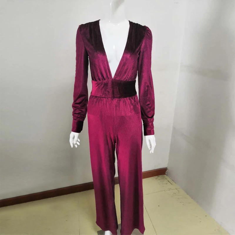 Женский бархатный комбинезон adyce бордовый с длинным рукавом и глубоким V образным