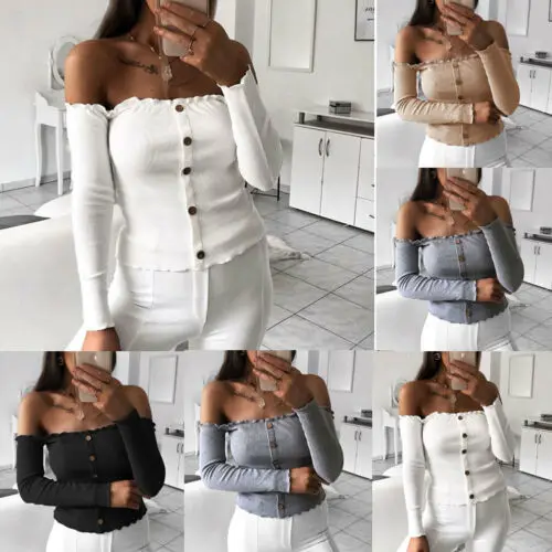 Женская рубашка с открытыми плечами и пуговицами Сексуальная длинными рукавами