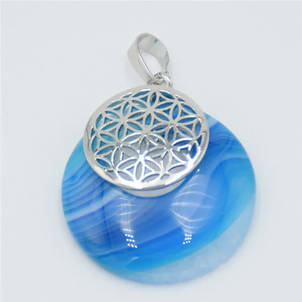 Blue Stripes Agates Мода цветок жизни кулон Йога Исцеление чакры натуральный камень кристалл Мандала Подвеска для ожерелья для мужчин женщин рейки ювелирные изделия - Окраска металла: Blue Stripes Agates