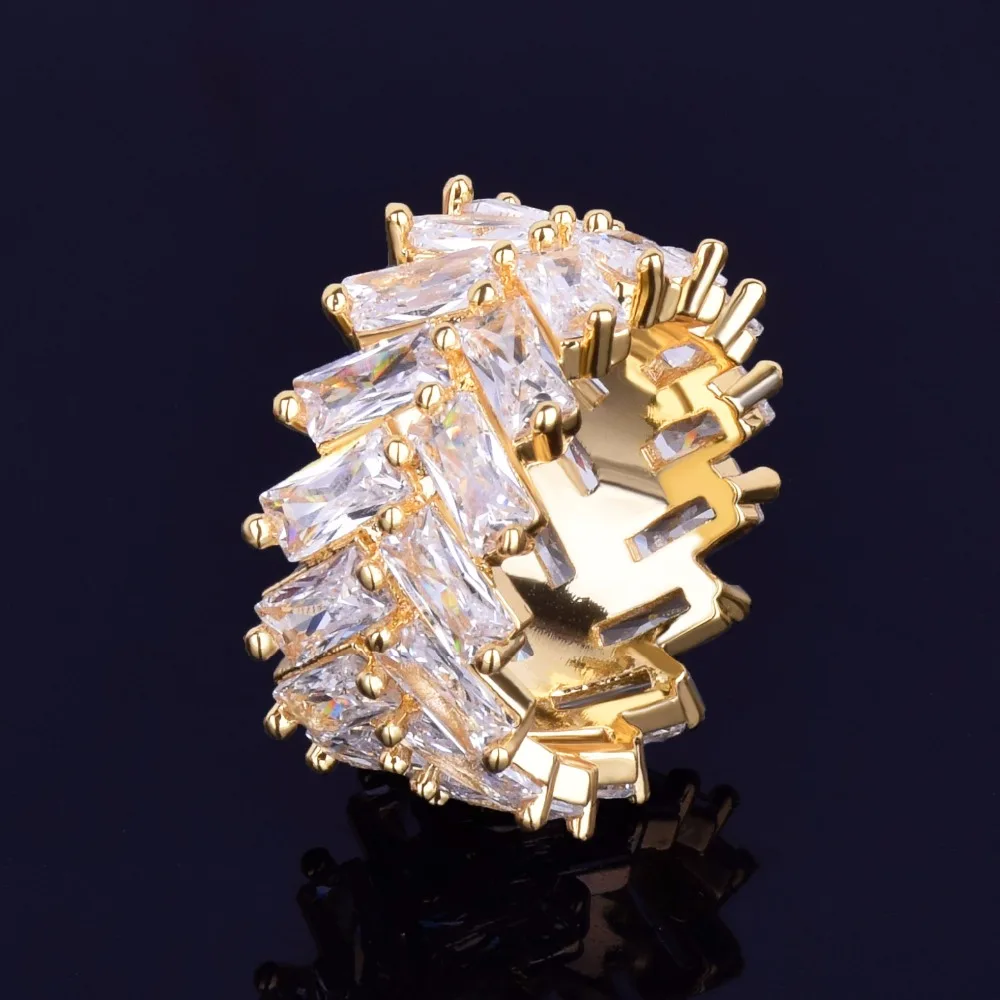 2 Row Baguette Zircon Men's Ring 18 K Copper Charm Gold Silver Color Iced RING Fashion Hip Hop Rock Jewelry