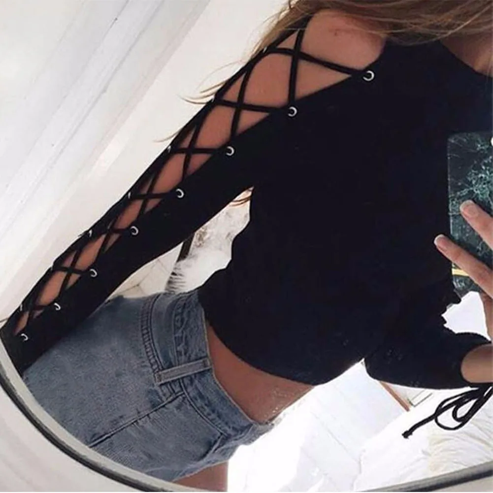 Женская мода Loose Lace up с длинным рукавом Crop Tops Повседневная Блузка трикотаж| |