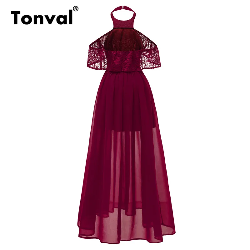 Tonval, винтажное шифоновое платье макси, кружевное, с рюшами, на бретелях, элегантное, с открытой спиной, платье для женщин, вечерние, с открытыми плечами, длинное платье