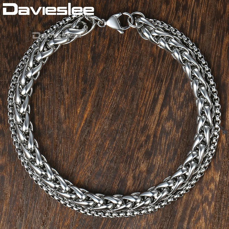 Davieslee Двойные цепи браслеты для мужчин нержавеющая сталь полированная Пшеница