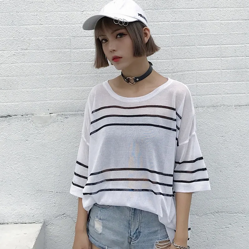 PLAMTEE Oversized Batwing Sleeve T-Shirts For Women Loose Summer Tops 2017 Fashion Striped Round Neck Female Knitted T Shirt | Женская