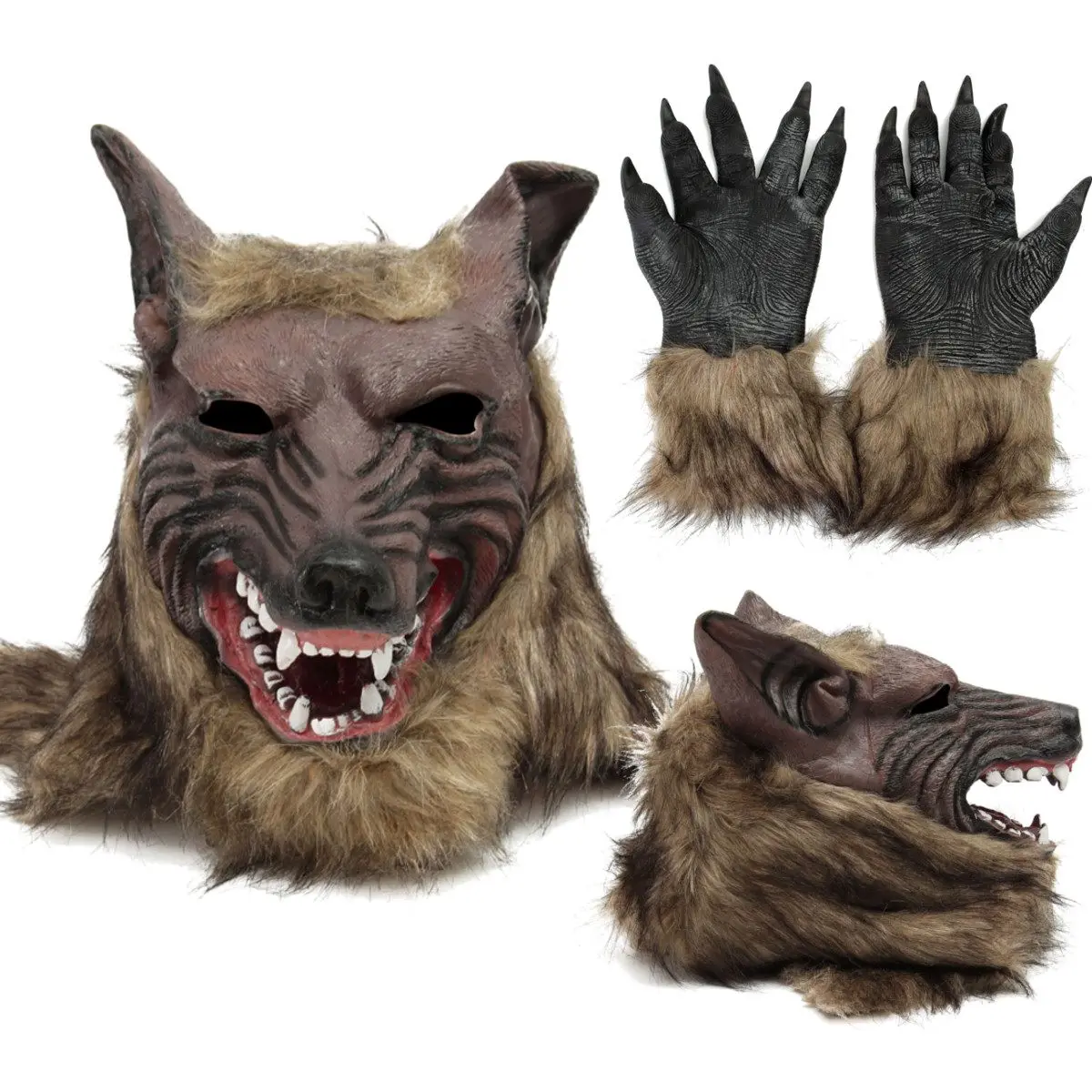 Creepy Full Face Wolf Latex Mask and Wolf Claws Theater Prank Prop Crazy Masks Halloween Costume Wolf Gloves