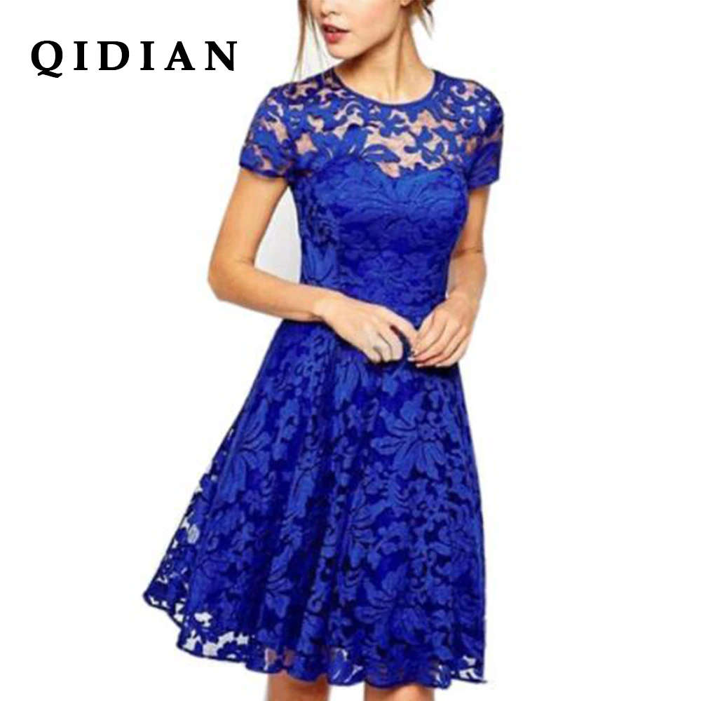 QI DIAN 6XL Plus Size Dress Fashion Women Elegant Sweet Hallow Out Lace Sexy Party Princess Slim Summer Dresses Vestidos | Женская