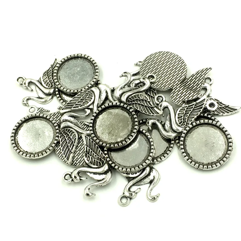 

10Pcs Pendant Antique Silver Tone 2 Swans Round Cabochon Setting Fit Cameo 18mm Charms Jewelry Making 41x29mm