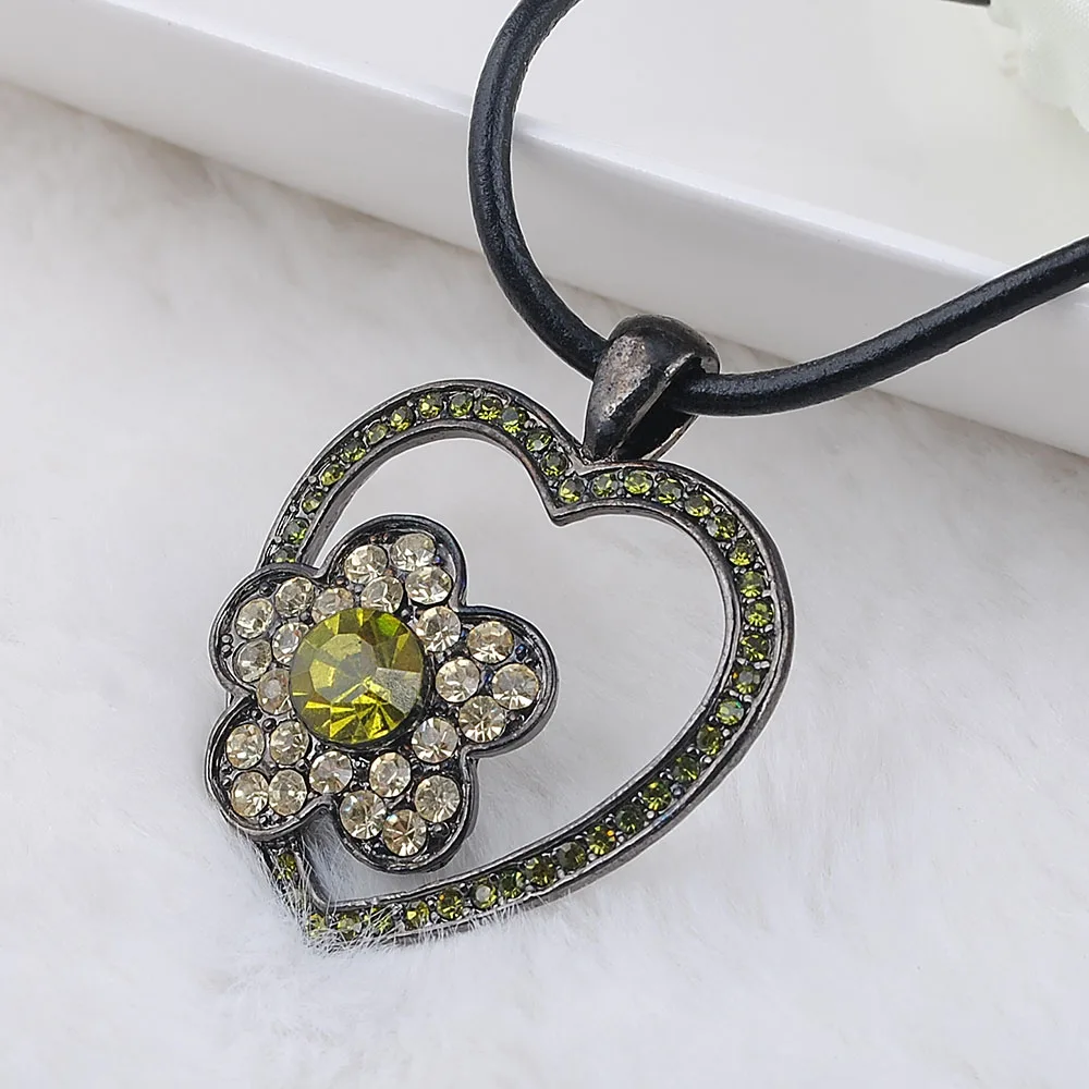 Trendy Austrian Rhinestone Love Heart Necklace for Women Crystal Flower Leather Rope Pendant | Украшения и аксессуары