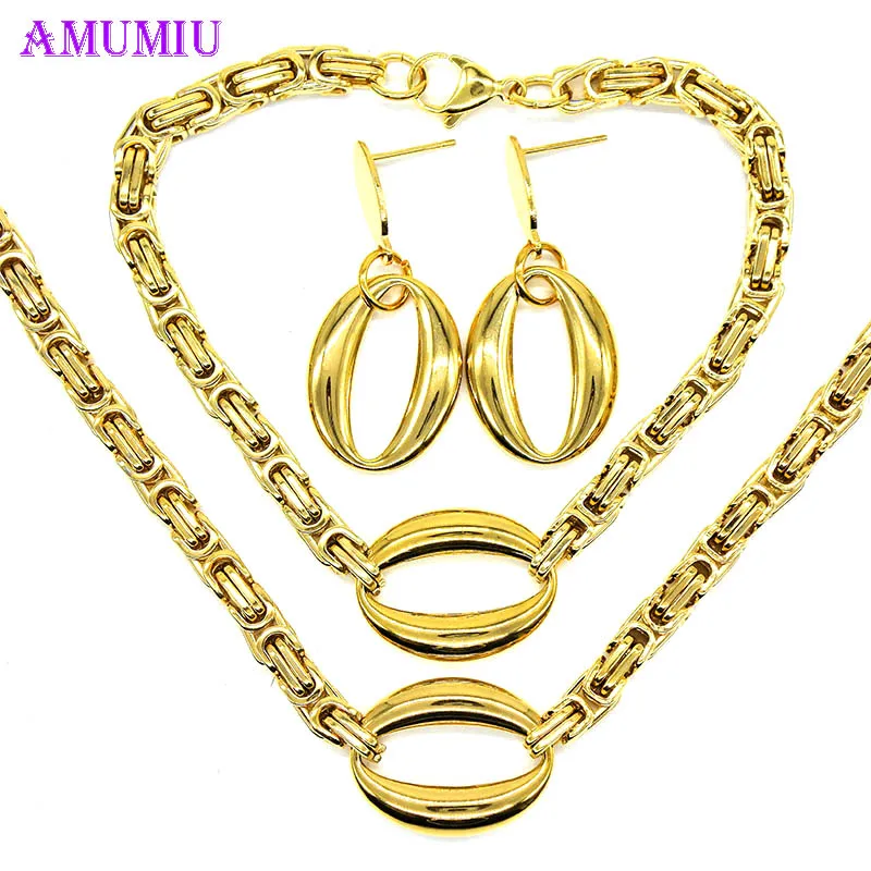 

AMUMIU Italian Fashion Laser Patterns Jewelry Charms Dubai Gold Jewelry Sets African Women Big Necklace Wedding Party JS009