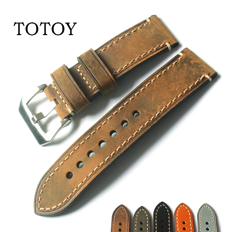 TOTOY for Panerai pam 18mm19mm21mm23mm 22mm 20mm 24mm 26MM leather strap Italian crazy horse retro men's | Наручные часы
