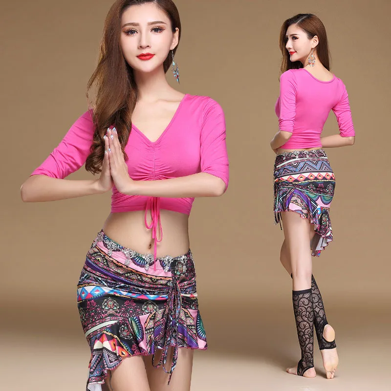 Женский костюм для танца живота укороченный топ и юбка с этническим рисунком