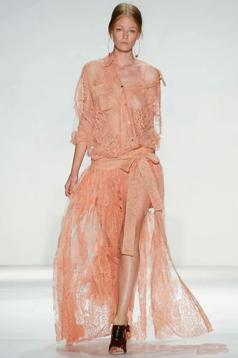 

XF Orange Lace Dress Strap Lining + Lapel Long Sleeve Button Lace Tulle Hollow 2019 Summer Women 'S Party Holiday Casual Dresses