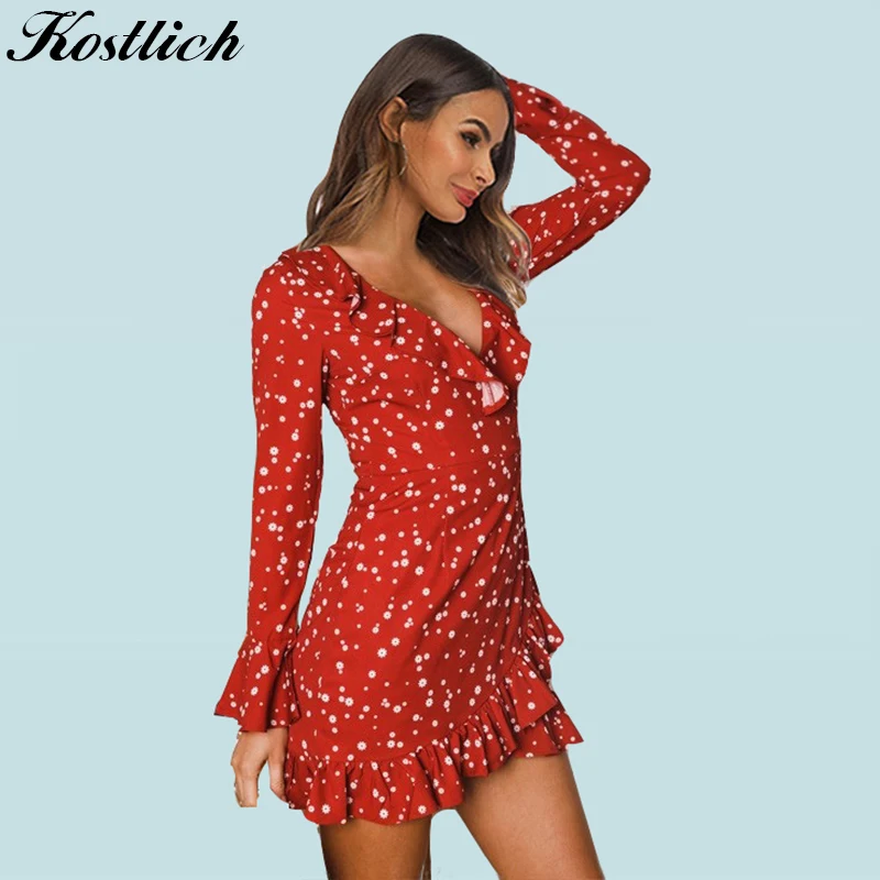 Kostlich 2018 длинные расклешенные рукава Sexy Глубокий V шеи рюшами Для женщин Платья