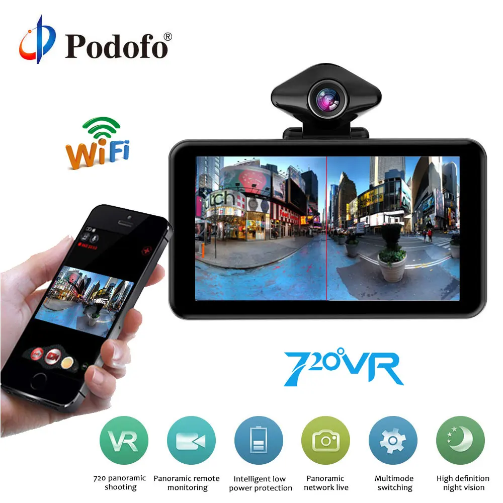 Podofo 720 градусов VR камера Wi Fi 360 панорама 5 ''автомобильный рекордер 1080FHD ips экран