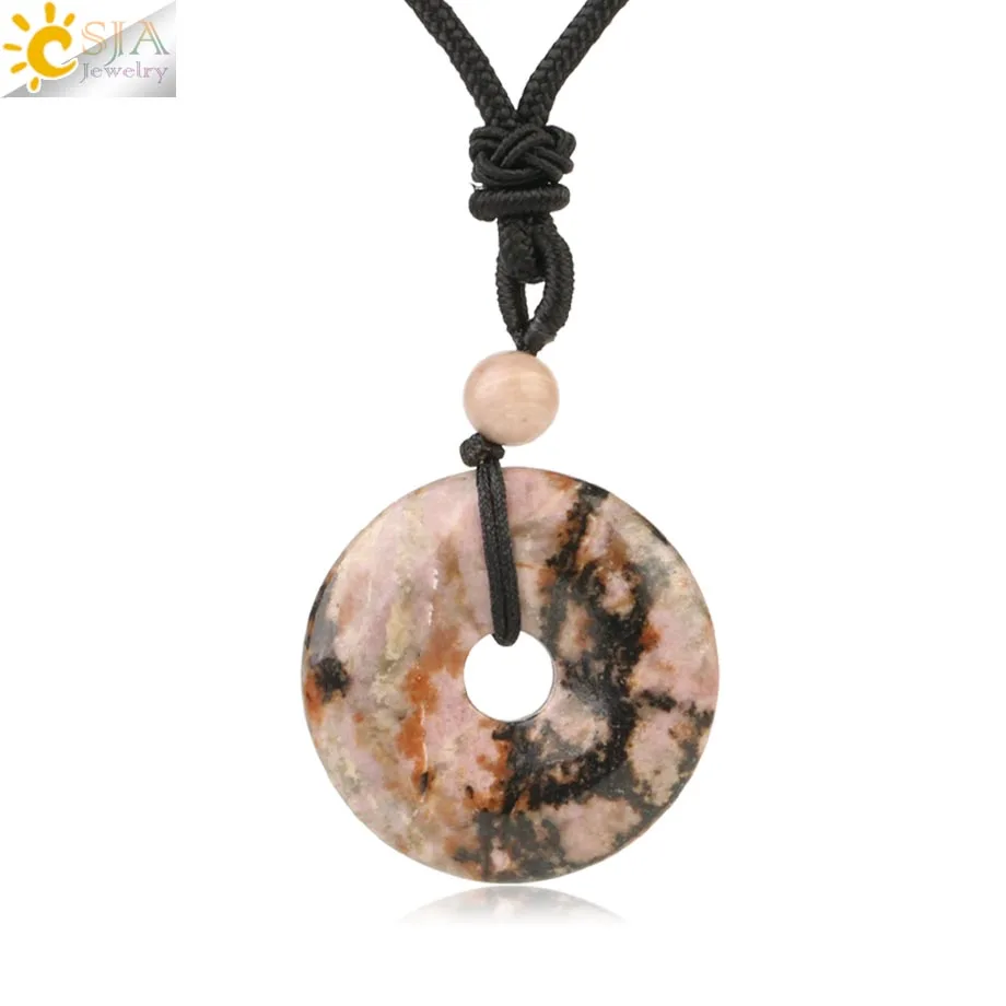 Line Rhodonite Csja натуральные драгоценные камни подвеска-пончик ожерелья для девочек рейки розовый кристалл тигровый глаз зеленый авантюрин мох Агаты для мужчин веревка S458 - Окраска металла: Line Rhodonite