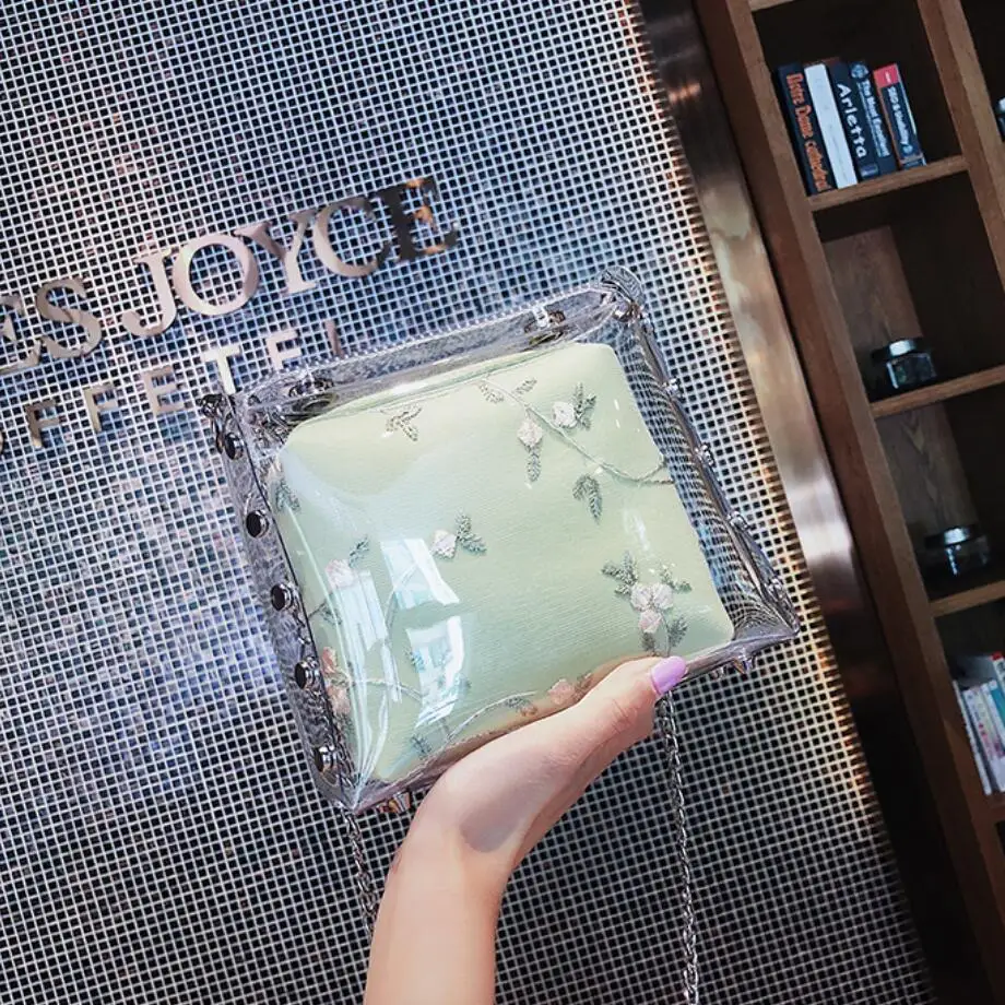 Transparent Jelly bag 2019 Summer New Quality Women's Designer Handbag Lace Flower Chain Shoulder Messenger Purses Bolsas | Багаж и