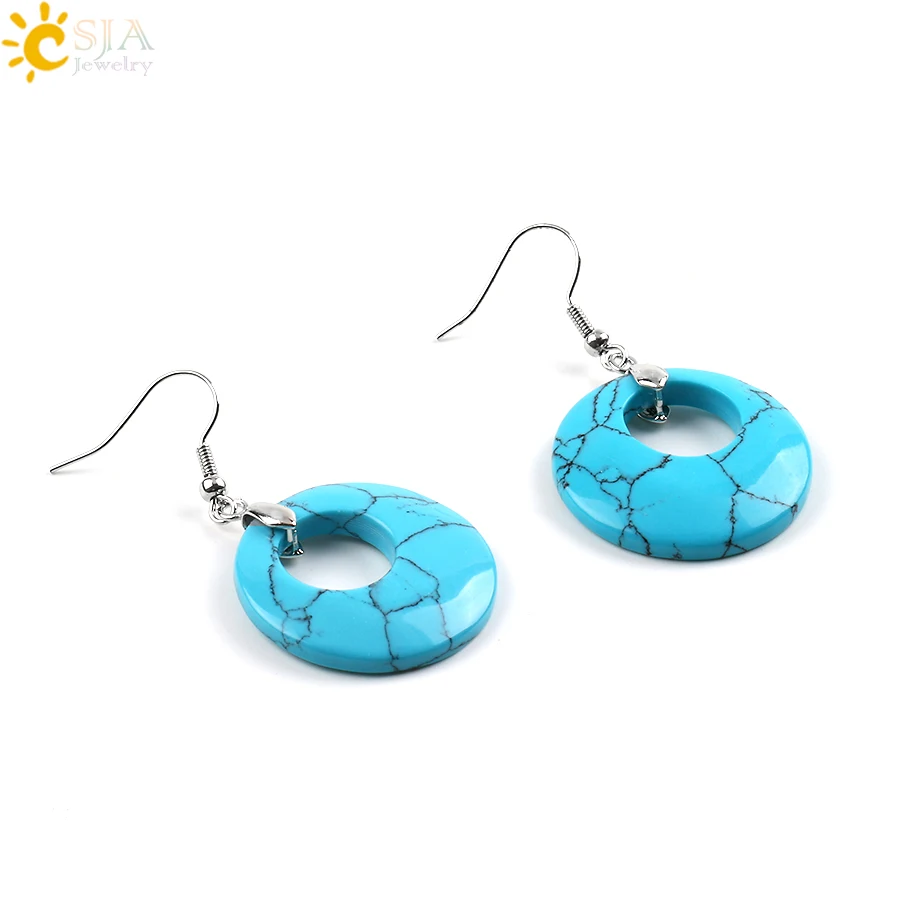 Blue Turquoise CSJA, 19 цветов, этнические, натуральный оникс, кристалл, камень, Женские Ювелирные серьги, полые, Круглый тигровый глаз, подвеска и серьги-подвески E499 - Окраска металла: Blue Turquoise