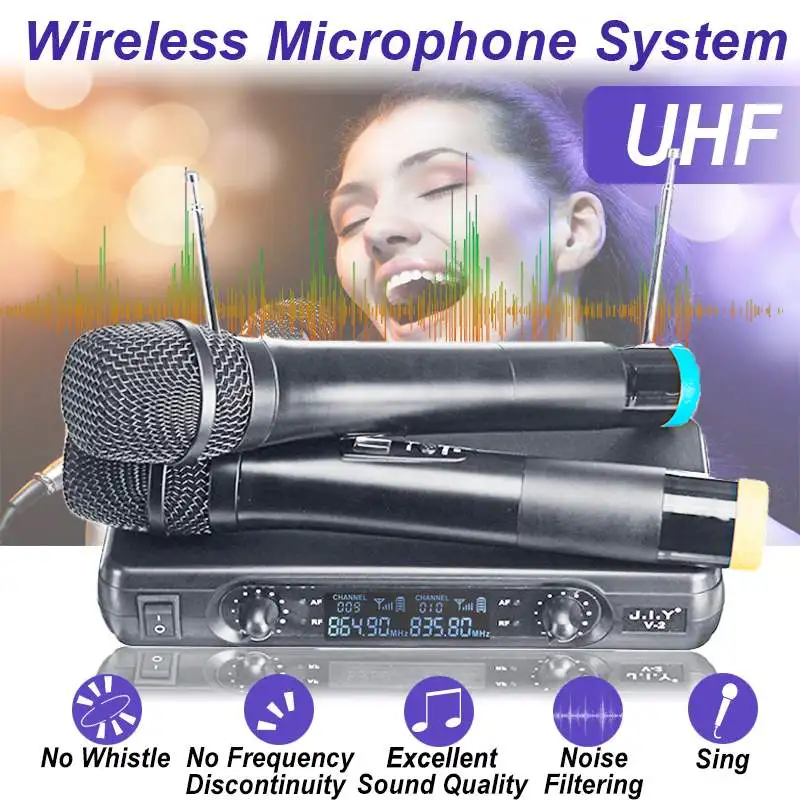 Профессиональный UHF беспроводной микрофон 2 канала 2 ручной микрофон один для двух V-segment микрофон усиления для караоке системы
