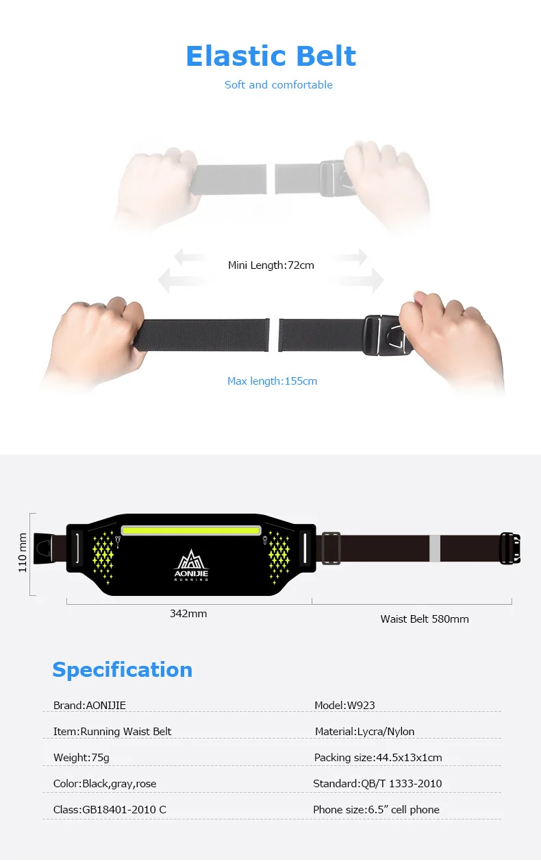AONIJIE W923 Adjustable Slim Running Waist Belt Jogging Bag Fanny Pack Travel Marathon Gym Workout Fitness 6.5 in Phone Holder